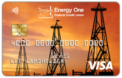 A Visa debit card with three oil rig towers print design